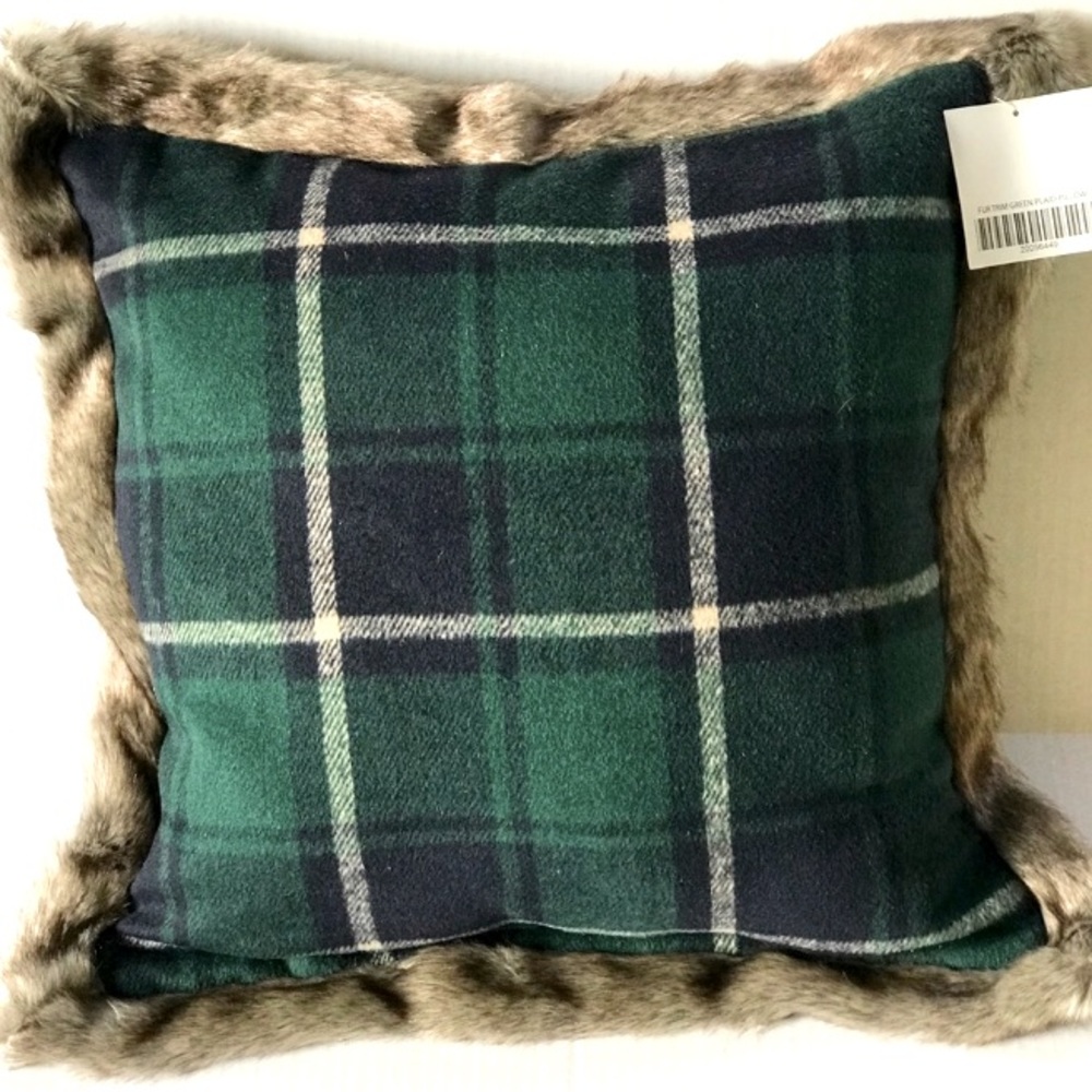 Newport Green and Navy Plaid Faux Fur Trim Holiday Pillow